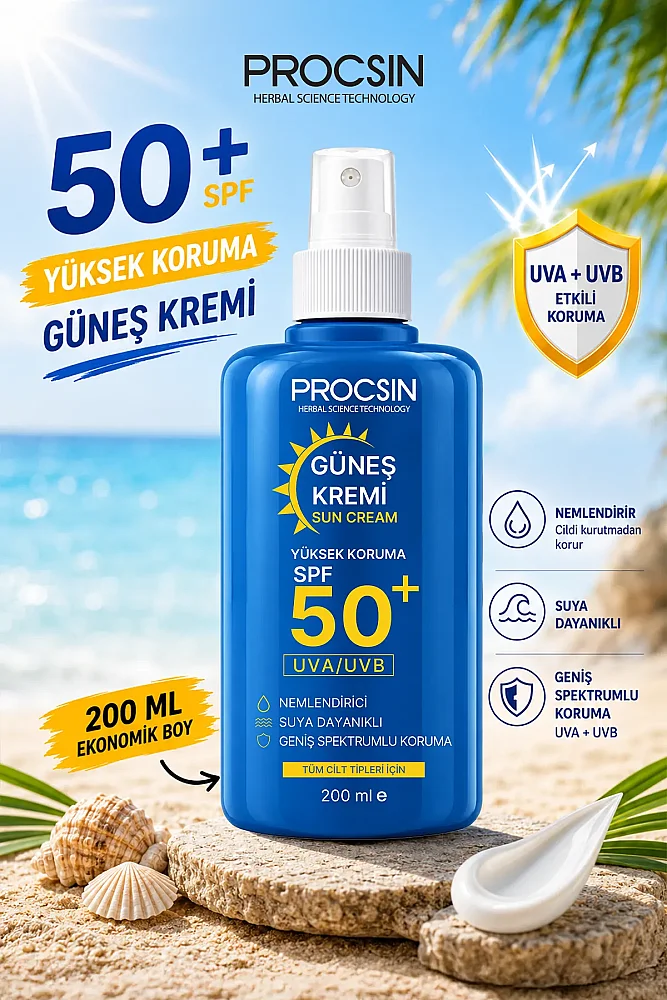 PROCSIN 50+ SPF Yüksek Koruma Güneş Kremi 200 ML