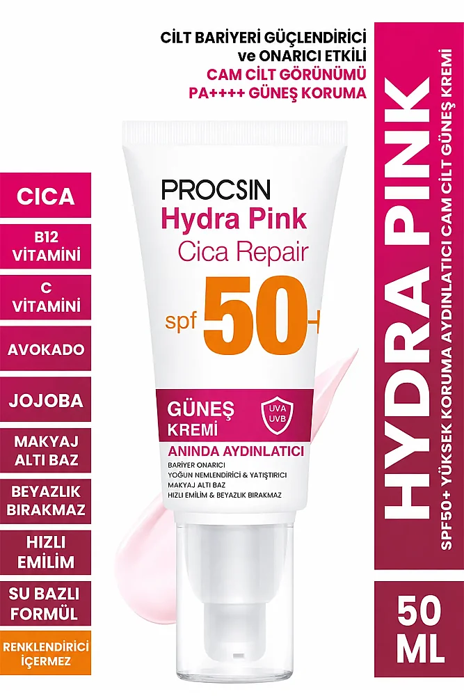PROCSIN Hydra Pink (PEMBE) Spf50+ Bariyer Güçlendirici Cam Cilt Güneş Kremi PA++++
